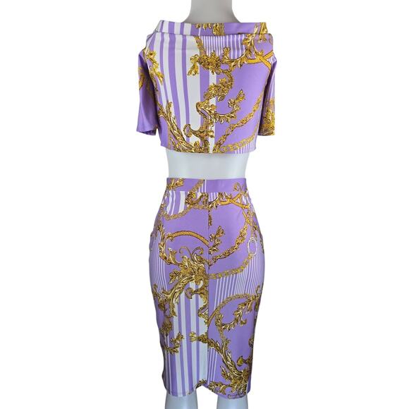 Venus Lavander Gold Chain Leaf Design Crop Blouse - Skirt Set Women's L NWT - Picture 3 of 7